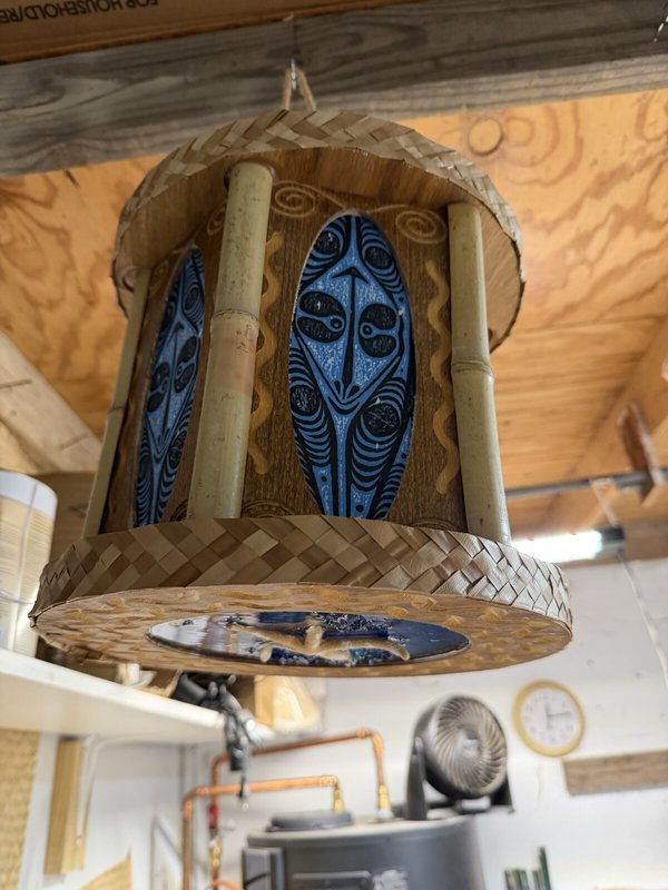 Hexagon Panel Tiki Pendant Lamp, Handmade Wood, Tapa-Style Fabric